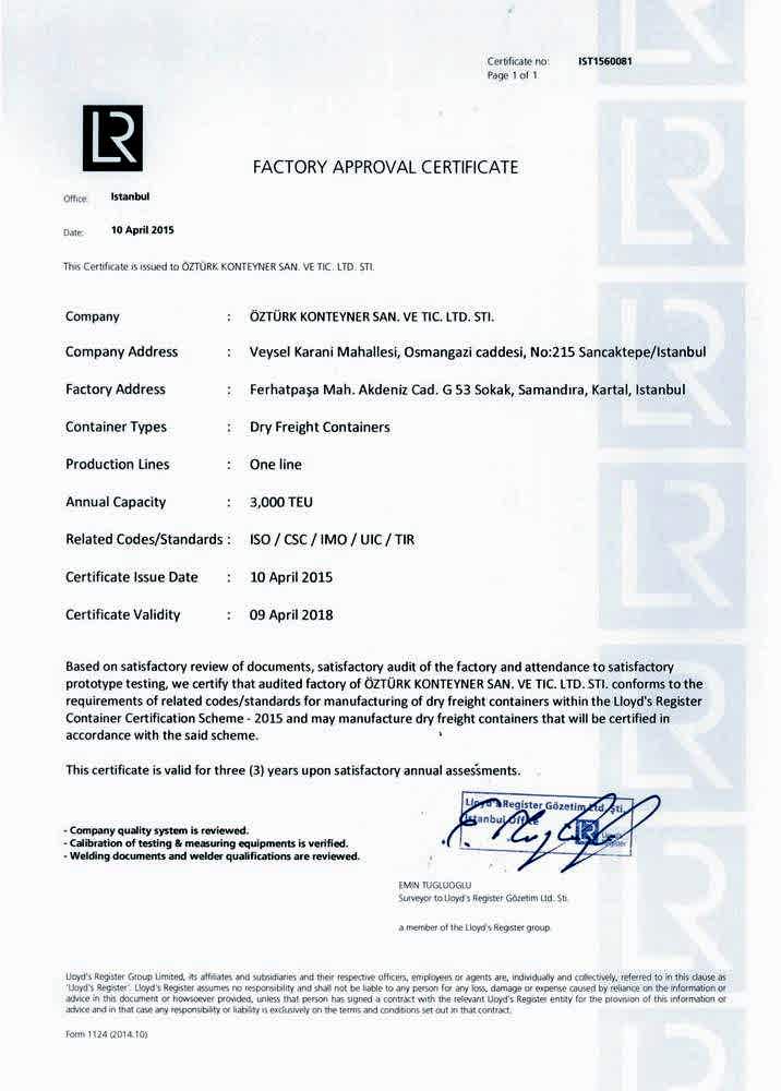 Ozturk Container - Factory Approval Certificate